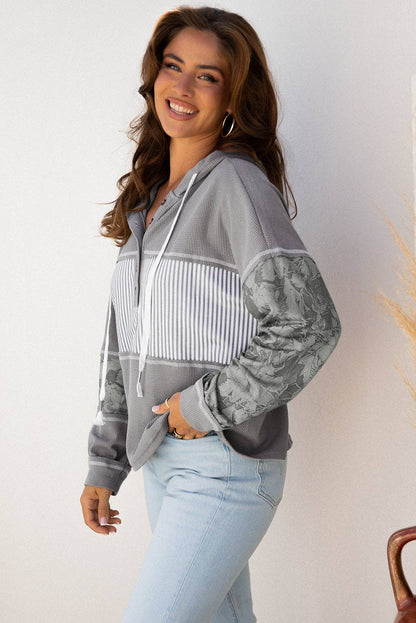 Stripe Waffle Patchwork Hooded Long Sleeve Top