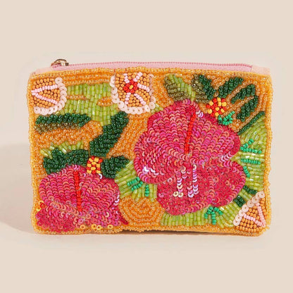 Floral Sequin And Seed Beaded Coin Purse