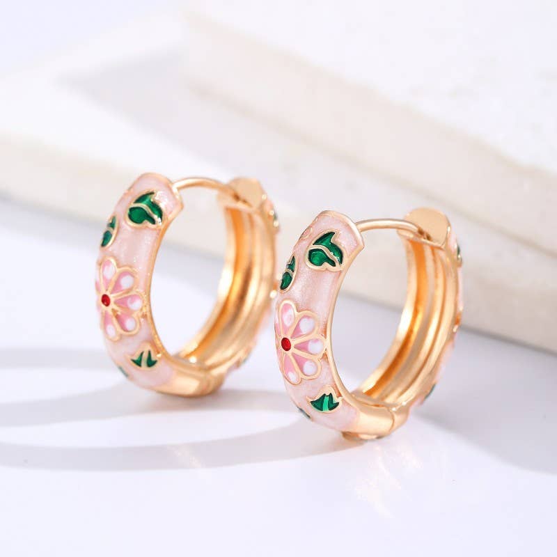 Pink Floral Enamel Earrings