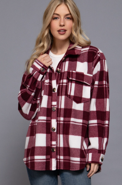 Sweater Weather Plaid Fleece Shacket- Burgundy