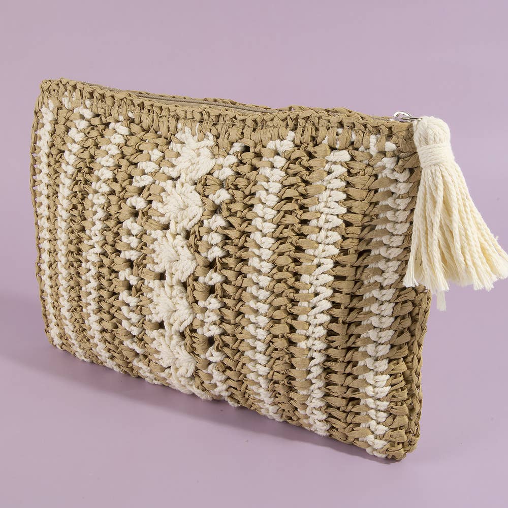 Paper Straw Crochet Clutch With Tassel Zipper