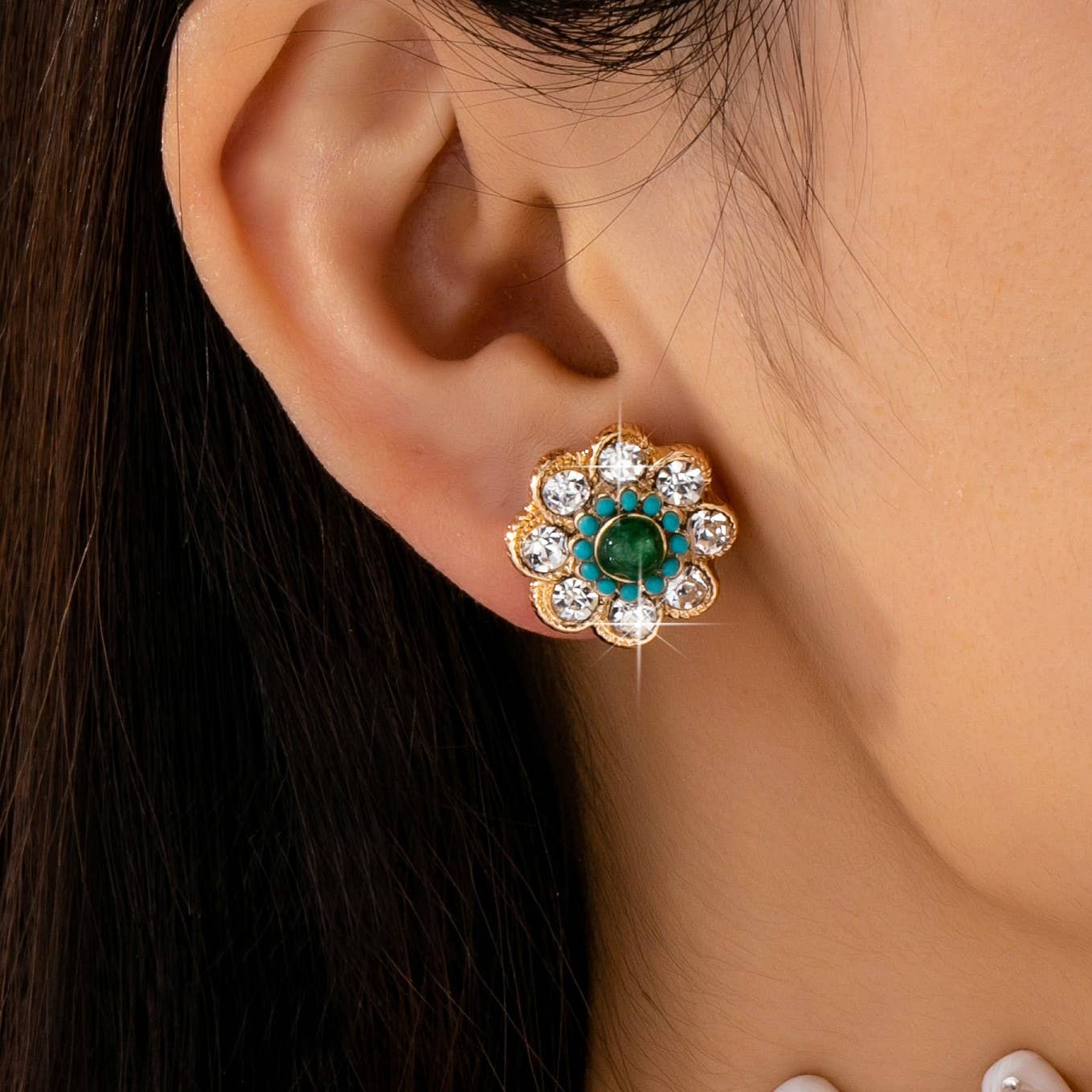 Turquoise & Crystal Flower Stud Earrings