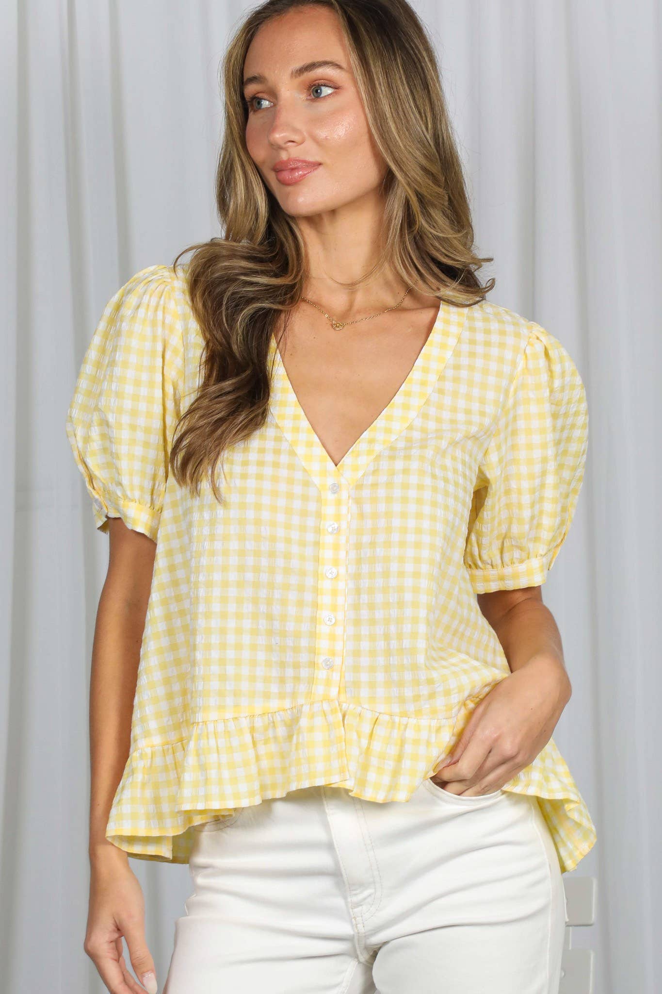 Butter Yellow Gingham Puff Sleeve Blouse