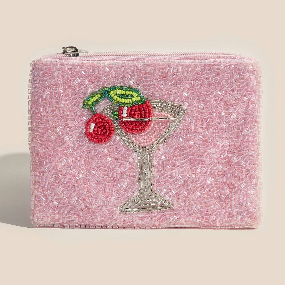 Cherry Glass Martini Beaded Coin Purse
