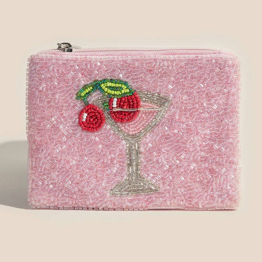 Cherry Glass Martini Beaded Coin Purse