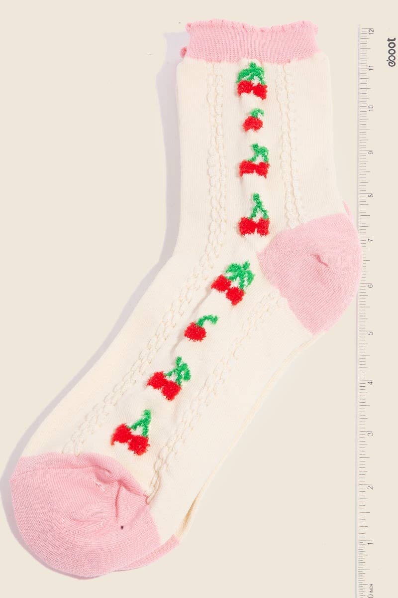 Pink Accent Cherry Embroidered Beige Socks