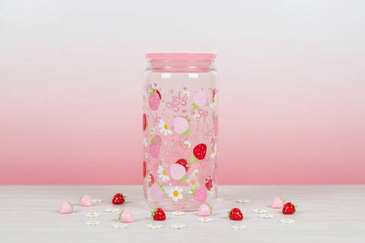 Strawberries and Bows 16oz Glass Cup