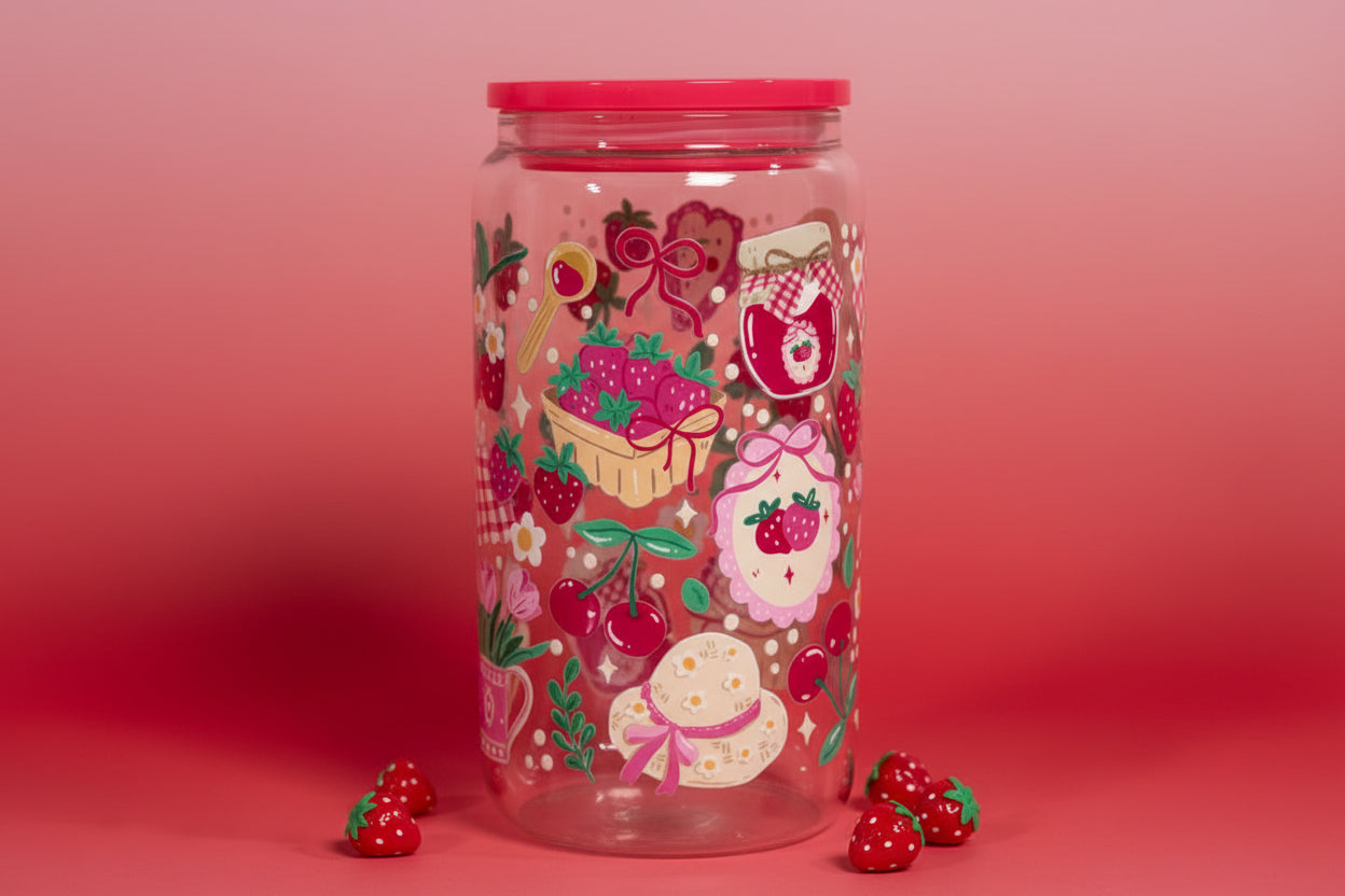Clear tumbler with colorful strawberry-themed design and red lid on a marble surface.